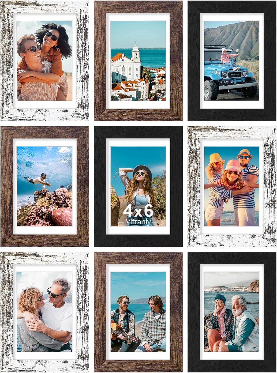 Vittanly 8x10 Picture Frames Set of 9, Shatter Resistant Plexiglass, Display 5x7 Pictures with Mat or 8x10 without Mat, Photo Frames for Wall or Tabletop, Engineered Wood, Black - Colors B