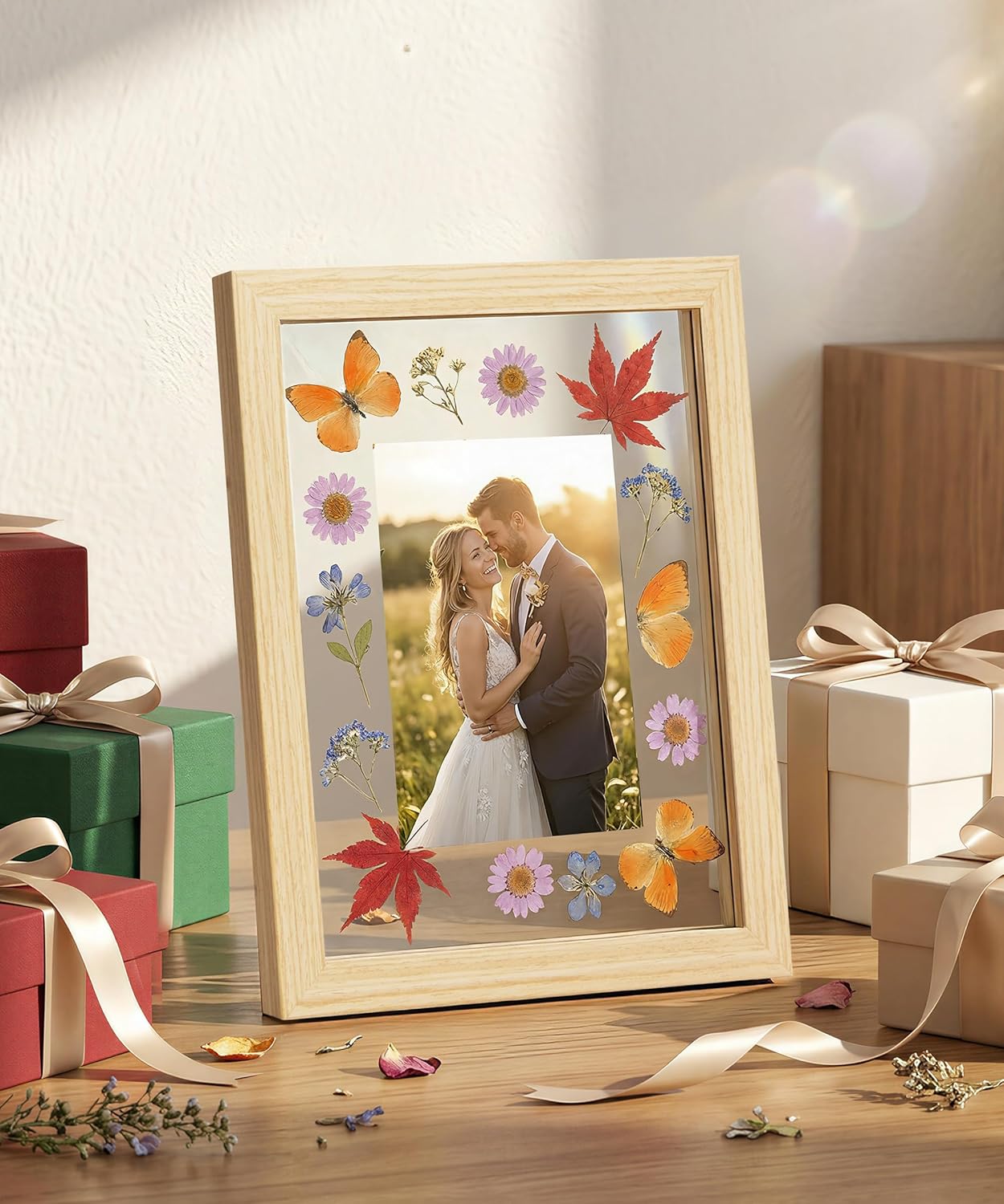 Sonefreiy Floating Picture Frames 8x10 Set of 2, Wooden Photo Frame Double Glass Pressed Flower Frames 5x7 Wall and Tabletop Display Mothers Day Gift for Family Friends Wedding