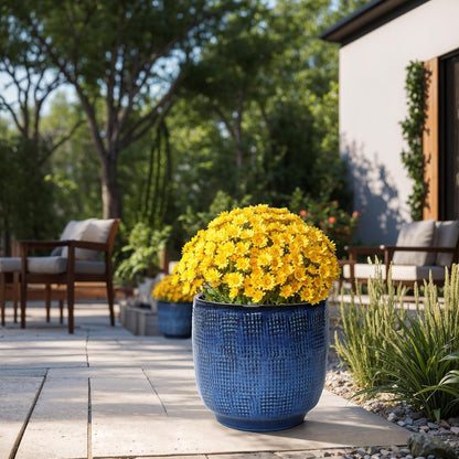 LuxenHome 15.75" Dia Large Ceramic Pots for Plants, Blue Glazed Planters for Outdoor Plants, Round Indoor Flower Pots with Drainage Hole and Rubber Plug for Home Garden Patio