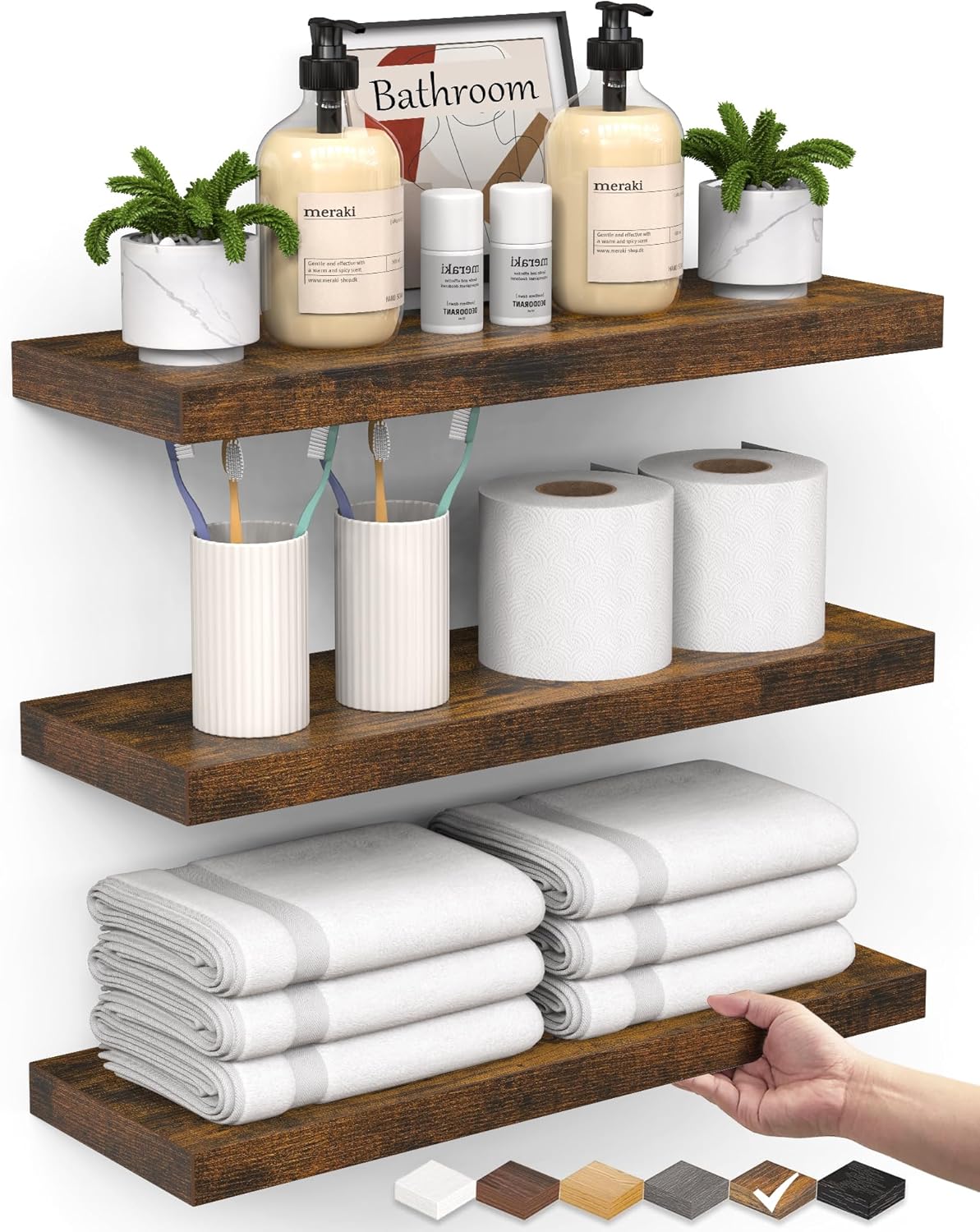 BAYKA Floating Shelves for Wall, Set of 3, Wall Mounted Rustic Wood Shelves for Bathroom, Bedroom, Living Room, Kitchen, Small Hanging Shelf for Books/Storage/Room Decor, Walnut-Like, 15.7in