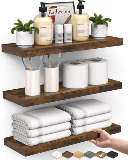 BAYKA Floating Shelves for Wall, Set of 3, Wall Mounted Rustic Wood Shelves for Bathroom, Bedroom, Living Room, Kitchen, Small Hanging Shelf for Books/Storage/Room Decor, Walnut-Like, 15.7in