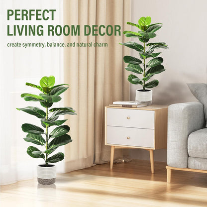 Suntee 2 Pack Artificial Fiddle Leaf Fig Tree, 30" Ficus Lyrata Fake Plants with Pots, Floor Plant Outdoor Faux Plants for Living Room, Corner, Office, Patio, Windowsill Decor
