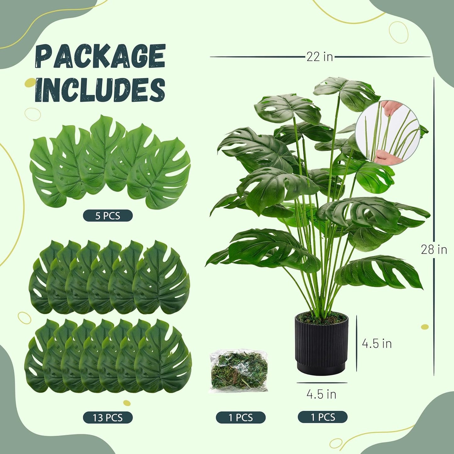 Der Rose 28" Fake Plants Large Artificial Monstera Faux Potted Plants Indoor Tall for Outdoor Living Room House Floor Front Porch Tree Decor