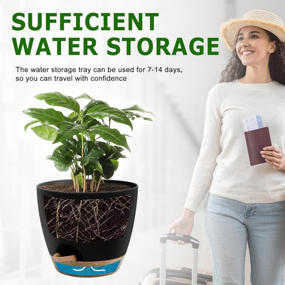QRRICA Plant Pots 10/9/8/7.5/7 Inch Self Watering Pots, Set of 5 Plastic Planters with Drainage Holes and Saucers,Plastic Flower Pots,Nursery Planting Pot for Indoor Out Door Plants（Green）
