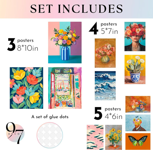 97 Decor Eclectic FRAMED Wall Art Set - Colorful Eclectic Decor, Retro Colorful Wall Art Prints, Trendy Maximalist Decoration Aesthetic Pictures Gallery Wall Prints, Famous Artist Posters For Bedroom (BEIGE FRAME)