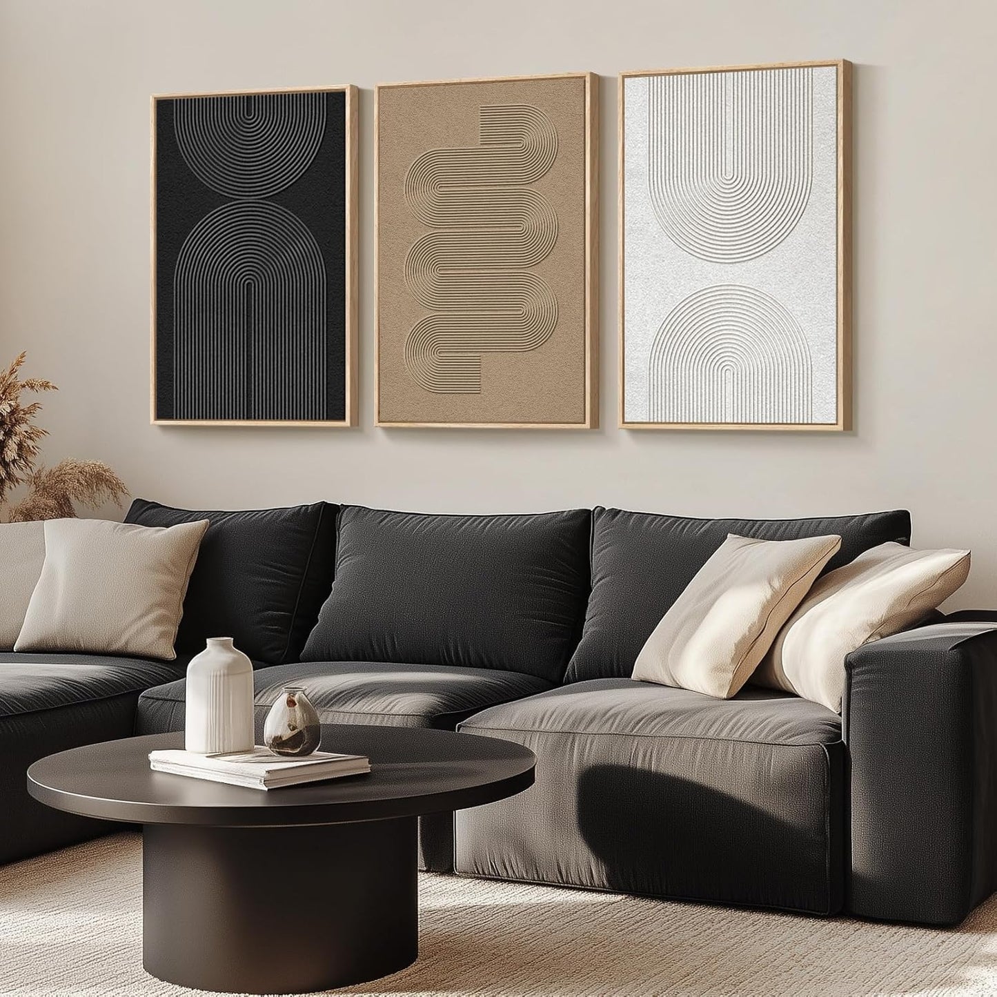 Large Framed Black and White Abstract Wall Art for Living Room, 3 Piece Big Modern Canvas Prints Paintings Artwork for Walls, Minimalist Abstract Art Pictures for Hallway, Office Wall Decor 24x36 In