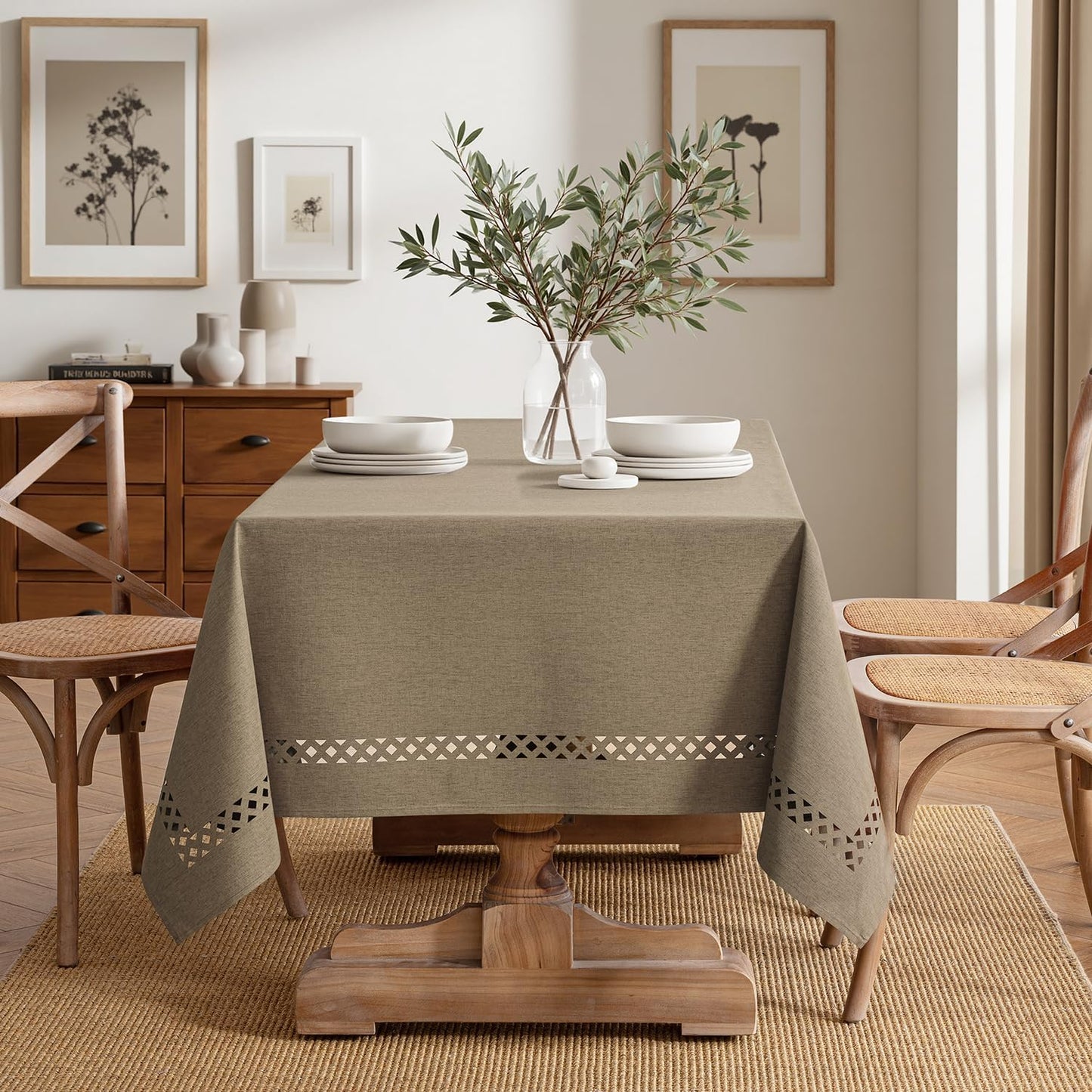 MIULEE Beige Rectangle Linen Polyester Tablecloth with Decorative Cutouts Spring Waterproof Stain Resistant & Shrink-Proof Table Cloth 52x70 inch Farmhouse Style for Dining Wedding and Outdoor
