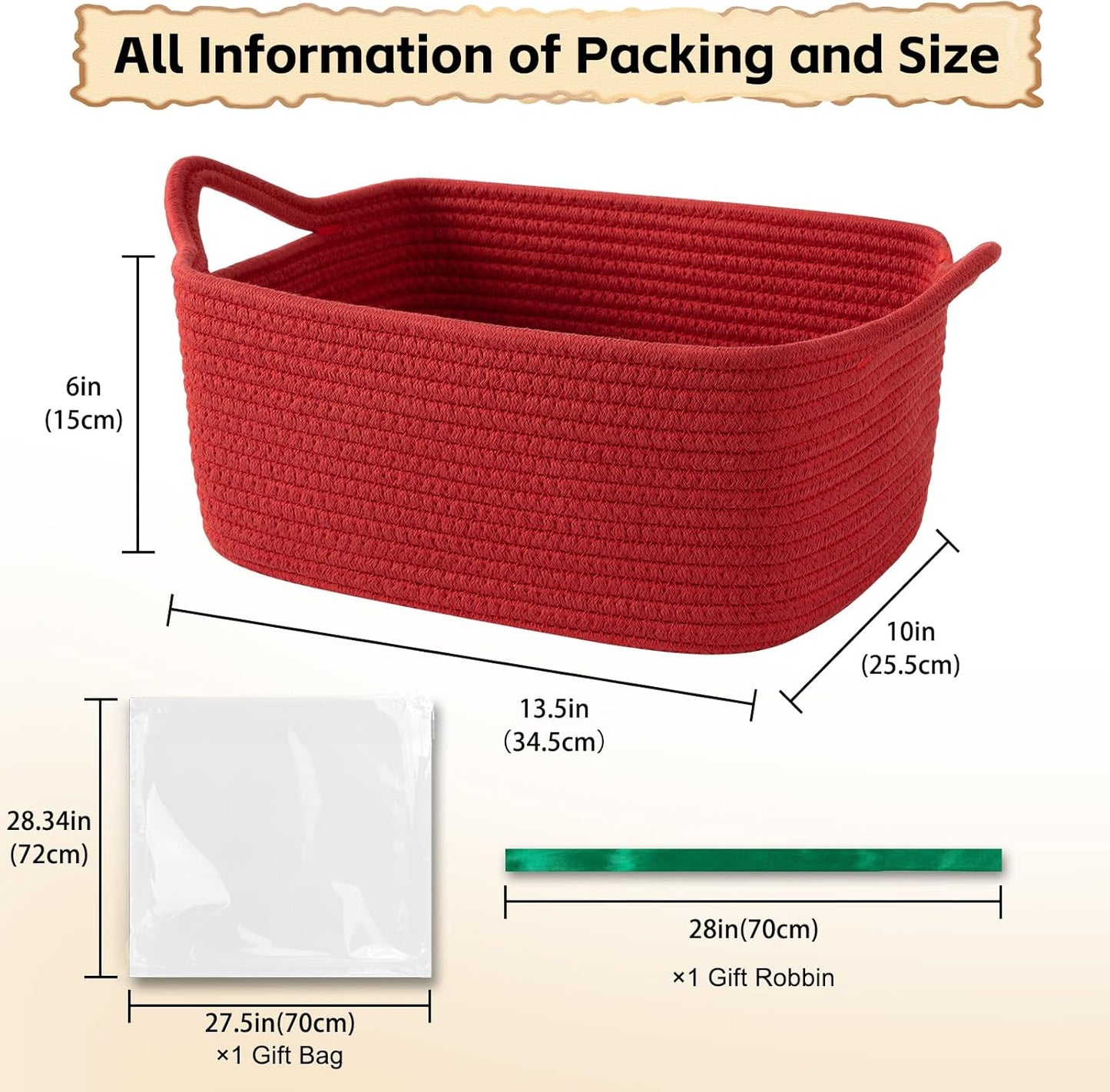 OIAHOMY Woven Basket, Gift Basket Empty with Gift Bags and Ribbons, Rope Baskets for Baby Showers, Storage Baskets with Handles for Nursery, Pet Toy Organizer - White