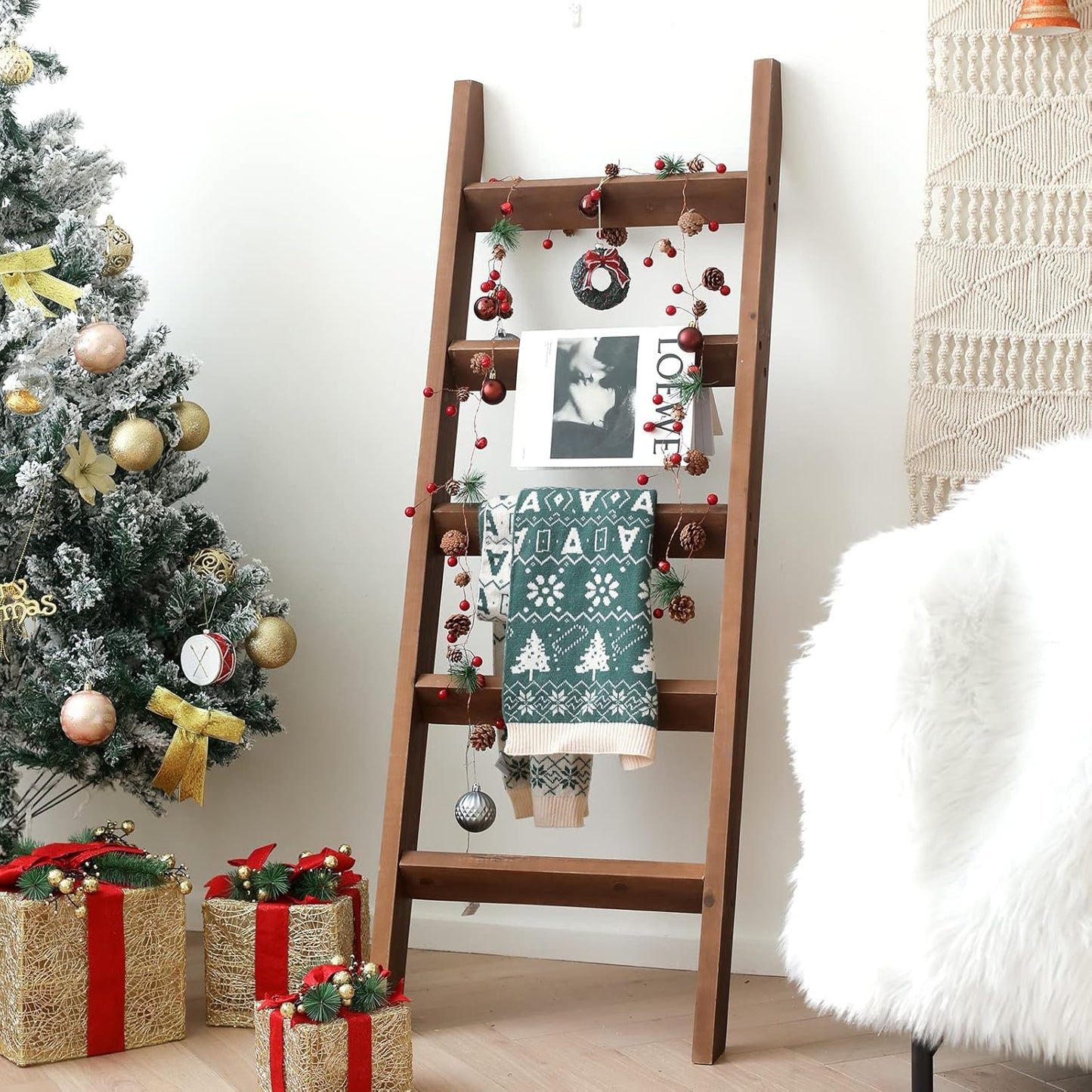 FUIN 5ft (58") Wood Blanket Ladder Living Room Decorative Wall Leaning Farmhouse Quilt Display Holder Storage Rustic Wooden Towel Rack for Bathroom, Brown