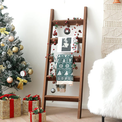 FUIN 5ft (58") Wood Blanket Ladder Living Room Decorative Wall Leaning Farmhouse Quilt Display Holder Storage Rustic Wooden Towel Rack for Bathroom, Brown