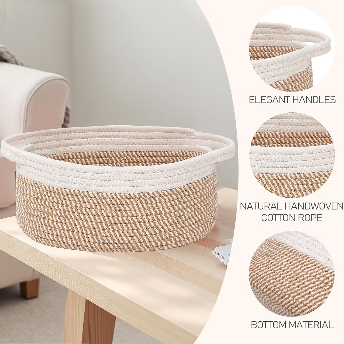 JMvicyroam Woven Basket,Small Rope Storage Bin with Handles & Ribbon Bag, Organizer for Shelves Closets,Gift Basket Empty for Birthday,Books,Dog Toys,White