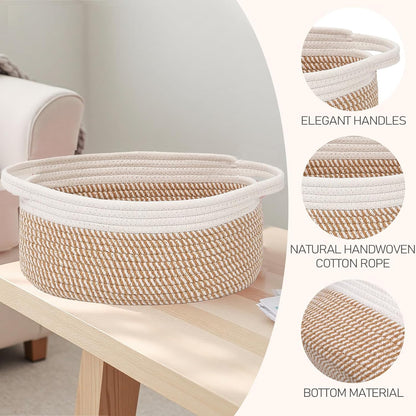 JMvicyroam Woven Basket,Small Rope Storage Bin with Handles & Ribbon Bag, Organizer for Shelves Closets,Gift Basket Empty for Birthday,Books,Dog Toys,White