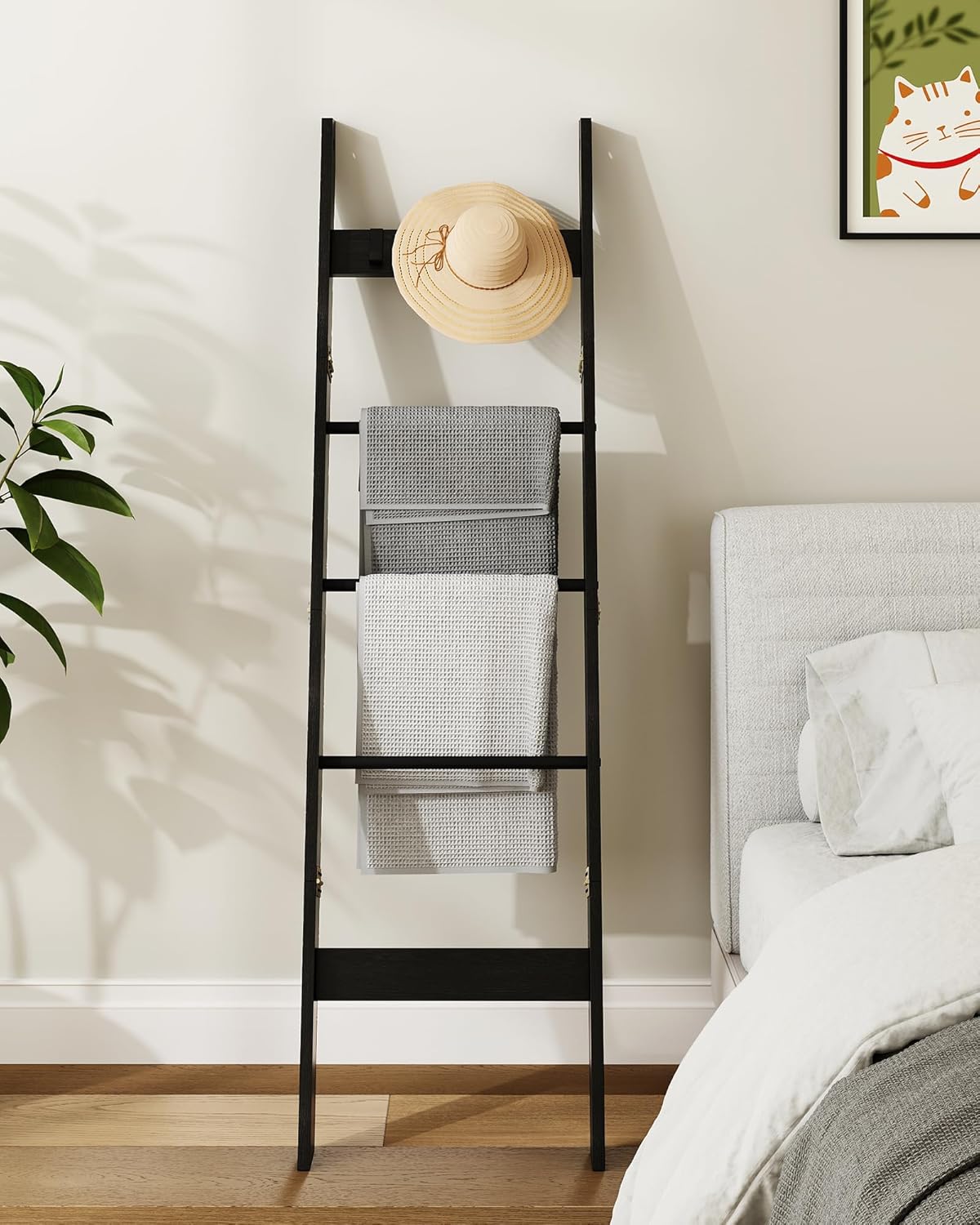Hzuaneri Blanket Ladder for Living Room, Decorative Quilt Rack with 4 Removable Hooks, 5-Tier Farmhouse Ladder Holder Shelf Organizer for Bedroom, Rustic Brown and Black 02101BBR