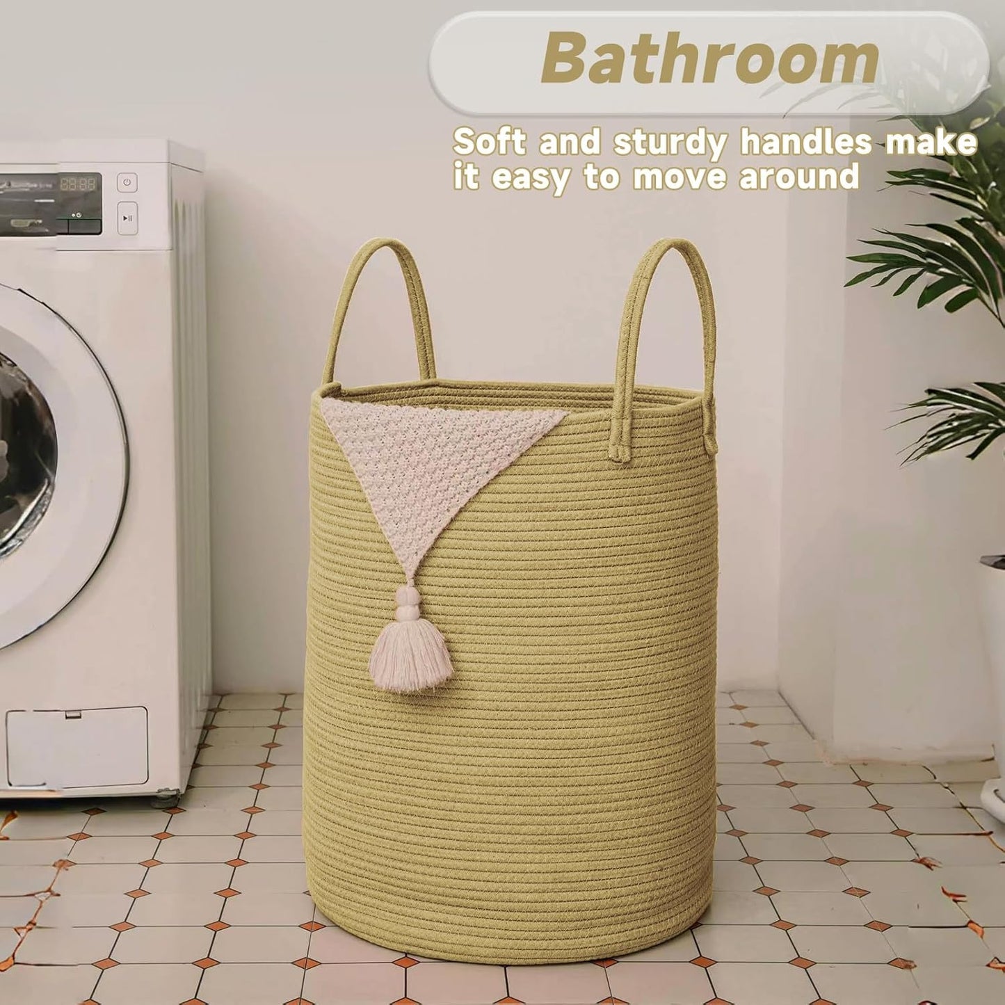 JMvicyroam Large Woven Laundry Basket Hamper,60L Cotton Rope Storage Bin for Blankets,Toys and Clothes,Decorative Tall Nursery Hamper for Living Room,Baby Nursery,Bathroom and Bedroom,Brown