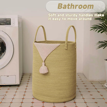 JMvicyroam Large Woven Laundry Basket Hamper,60L Cotton Rope Storage Bin for Blankets,Toys and Clothes,Decorative Tall Nursery Hamper for Living Room,Baby Nursery,Bathroom and Bedroom,Brown