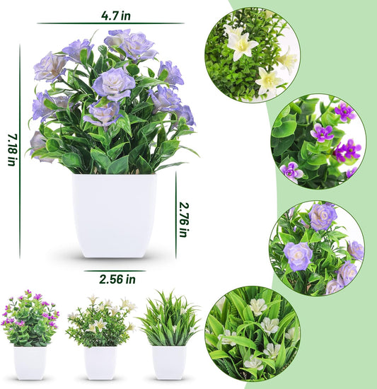Der Rose 4 Pack Small Fake Plants Mini Artificial Faux Plants Indoor with Flowers Spring Decorations for Home Room Farmhouse Desk House Bathroom Decor