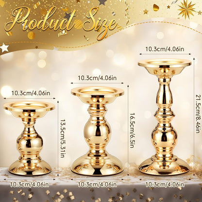 3 Sets Gold Pillar Candle Holders Metal Candle Holders for Pillar Candles, LED Flameless Candles 5.31, 6.50, 8.46 Inch Tall for Table Centerpiece, Fireplace Decor