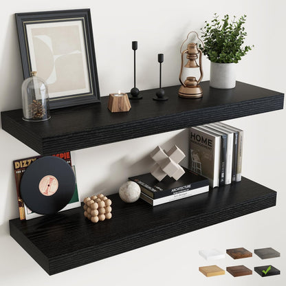72 Inch Long Floating Shelves for Wall Set of 2, 12"D Wood Grain Bathroom Shelves with Invisible Brackets, Easy Install Engineered Wood Storage Shelves for Kitchen, Living Room, Bedroom, Black Finish