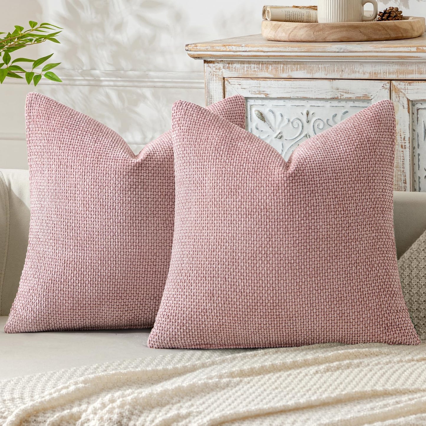 MIULEE Pack of 2 Couch Throw Pillow Covers 18x18 Inch Neutral Beige Modern Boho Accent Decorative Pillow Covers Soft Chenille Farmhouse Cushion Covers for Home Decor Bed Sofa Living Room
