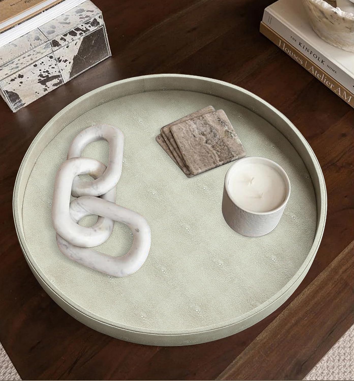 HofferRuffer Round Serving Tray 20'', Elegant Faux Leather Circle Ottoman Table Tray, Serve Tea Coffee Breakfast in Bedroom Living Room Kitchen (Brown)