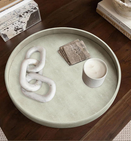 HofferRuffer Round Serving Tray 20'', Elegant Faux Leather Circle Ottoman Table Tray, Serve Tea Coffee Breakfast in Bedroom Living Room Kitchen (Brown)