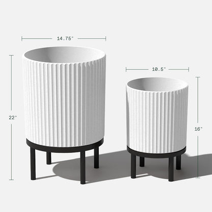 Veradek Demi Series Round Planter w/ Stand for Porch/Patio | Durable Plastic-Concrete & Wooden Stand | Modern Décor for Tall Plants, Flowers