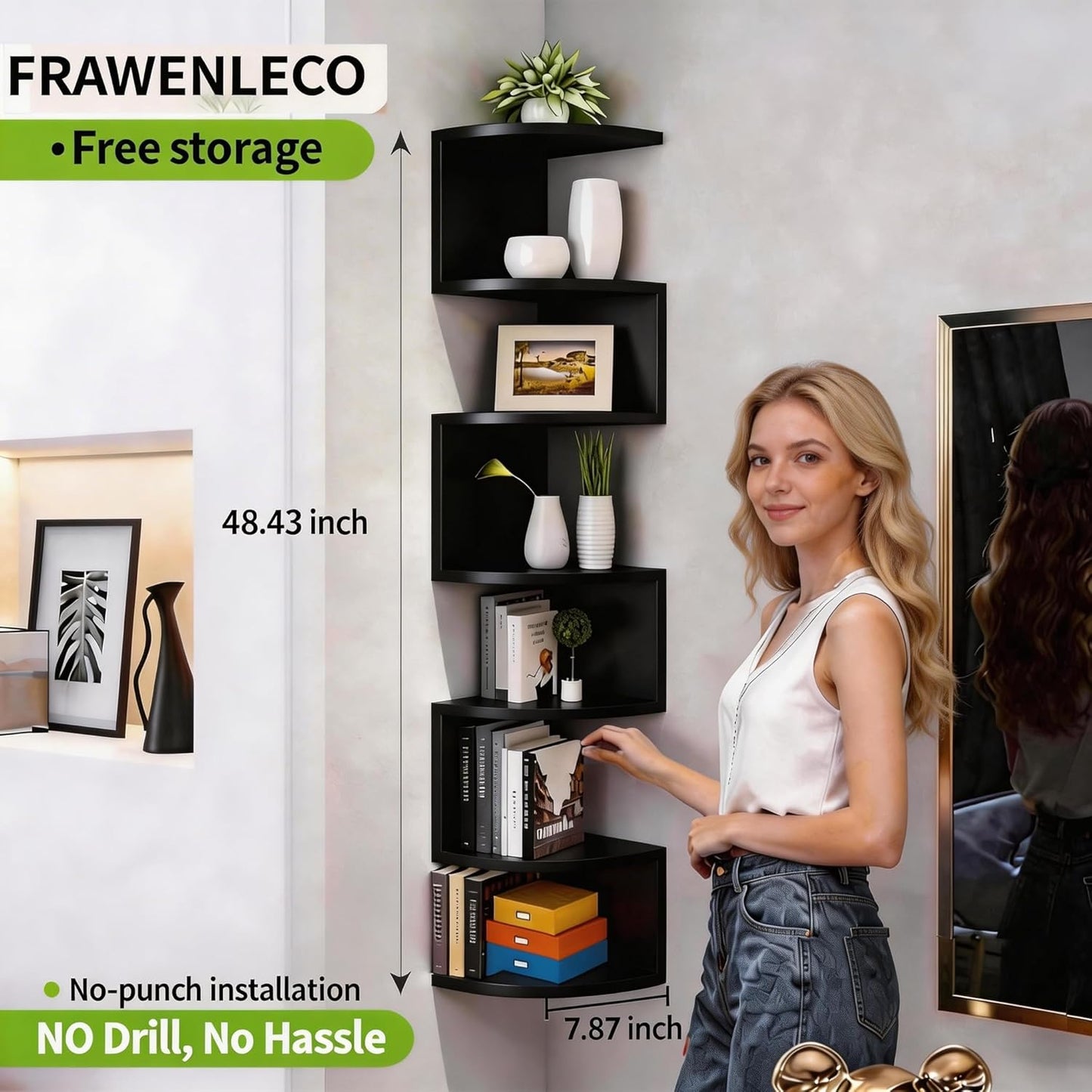 No-Drill Corner Shelf Wall Mount, 5-Tier Floating Corner Bookshelf with Hooks, Space-Saving Zigzag Plant Shelf for Bedroom, Living Room, Bathroom, Home Office