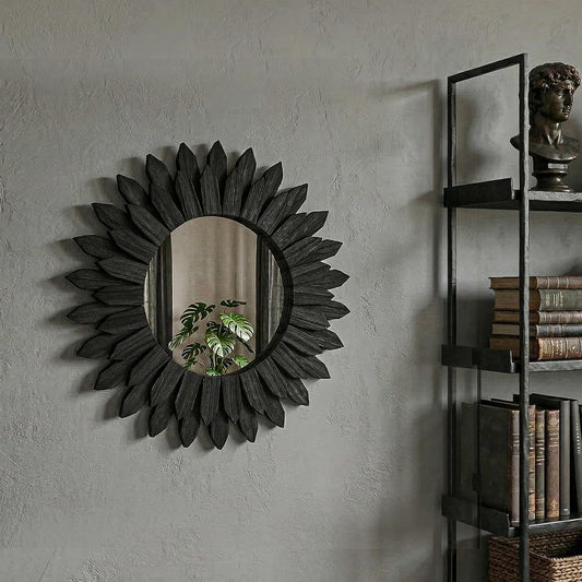 20 Inch Brown Boho Wall Decor Sunburst Mirror - Round Wooden Wall Decor, Handmade Rustic Circular Mirror for Living Room, Bedroom, Entryway, Office