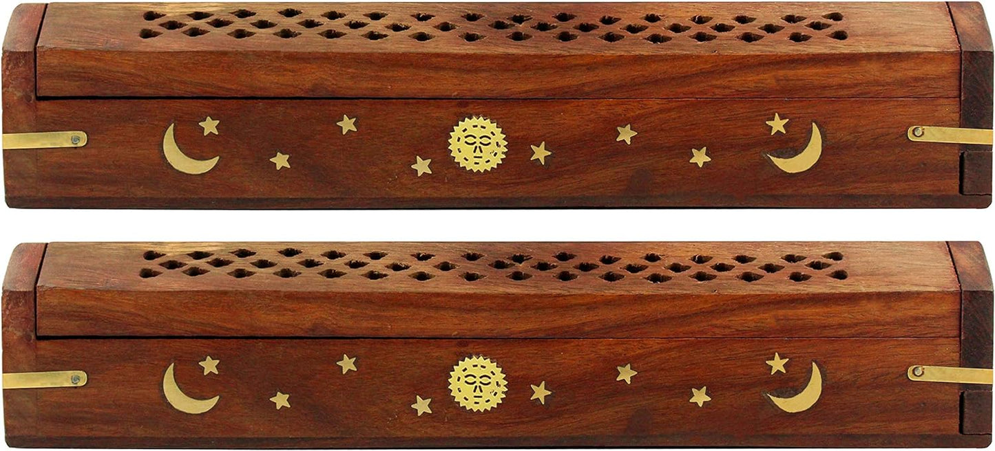 Sheesham Wood Incense Burner - Handmade Coffin Style Sun and Moon Inlay Incense Holder - Aromatherapy Room Freshener Cone Incense Stick Burner Ash Catcher - Zen Home Gift - 12x2x2 - COTTON CRAFT