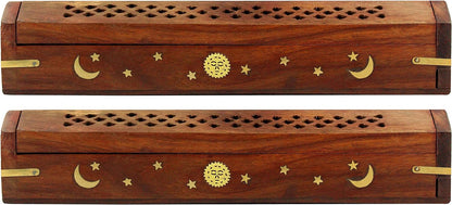 Sheesham Wood Incense Burner - Handmade Coffin Style Sun and Moon Inlay Incense Holder - Aromatherapy Room Freshener Cone Incense Stick Burner Ash Catcher - Zen Home Gift - 12x2x2 - COTTON CRAFT