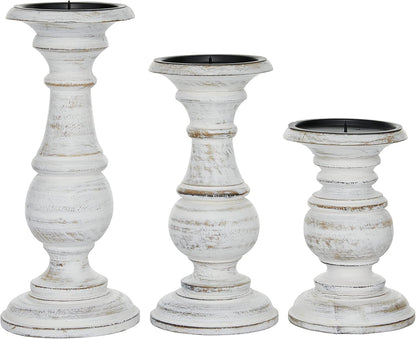 Deco 79 Mango Wood Decorative Candle Holder Distressed Turned Pillar Candle Stand, Set of 3 Candlestick Holder 6", 8", 10"H, Light Blue
