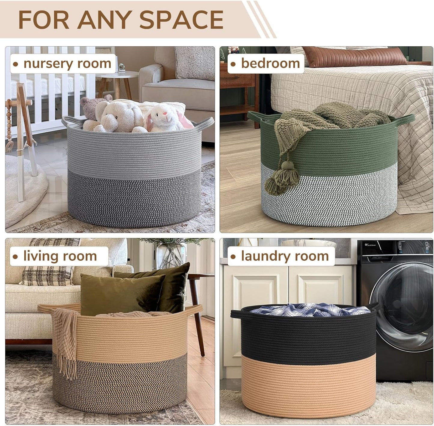 INDRESSME XXXLarge Blanket Basket for Living Room 21.7" x 21.7" x 13.8"-Storage Basket with Handle for Organizing Toy Pillows Woven Cotton Rope Laundry Basket Stuffed Animal Toy Storage for Play Room