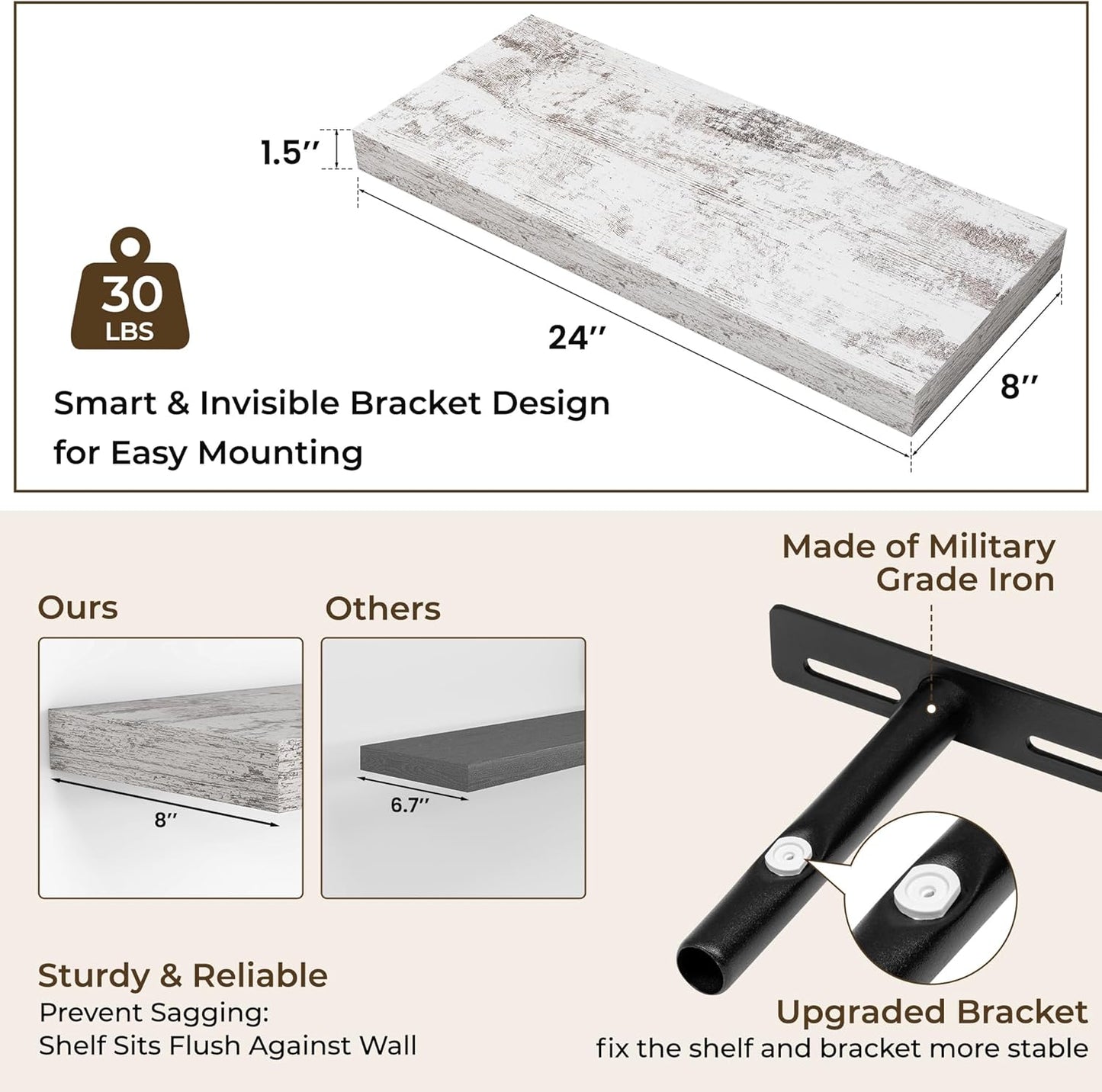 RICHFOCUS 72Inch Floating Shelves for Wall 2 Pack Shelves for Bedroom|Kitchen|Bathroom Wall Mounted Rustic Wood Floating Shelf with Invisible Brackets for Books|Storage|Decor, Rustic Brown