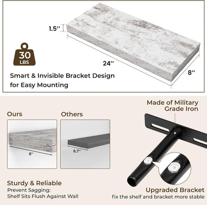 RICHFOCUS 72Inch Floating Shelves for Wall 2 Pack Shelves for Bedroom|Kitchen|Bathroom Wall Mounted Rustic Wood Floating Shelf with Invisible Brackets for Books|Storage|Decor, Rustic Brown
