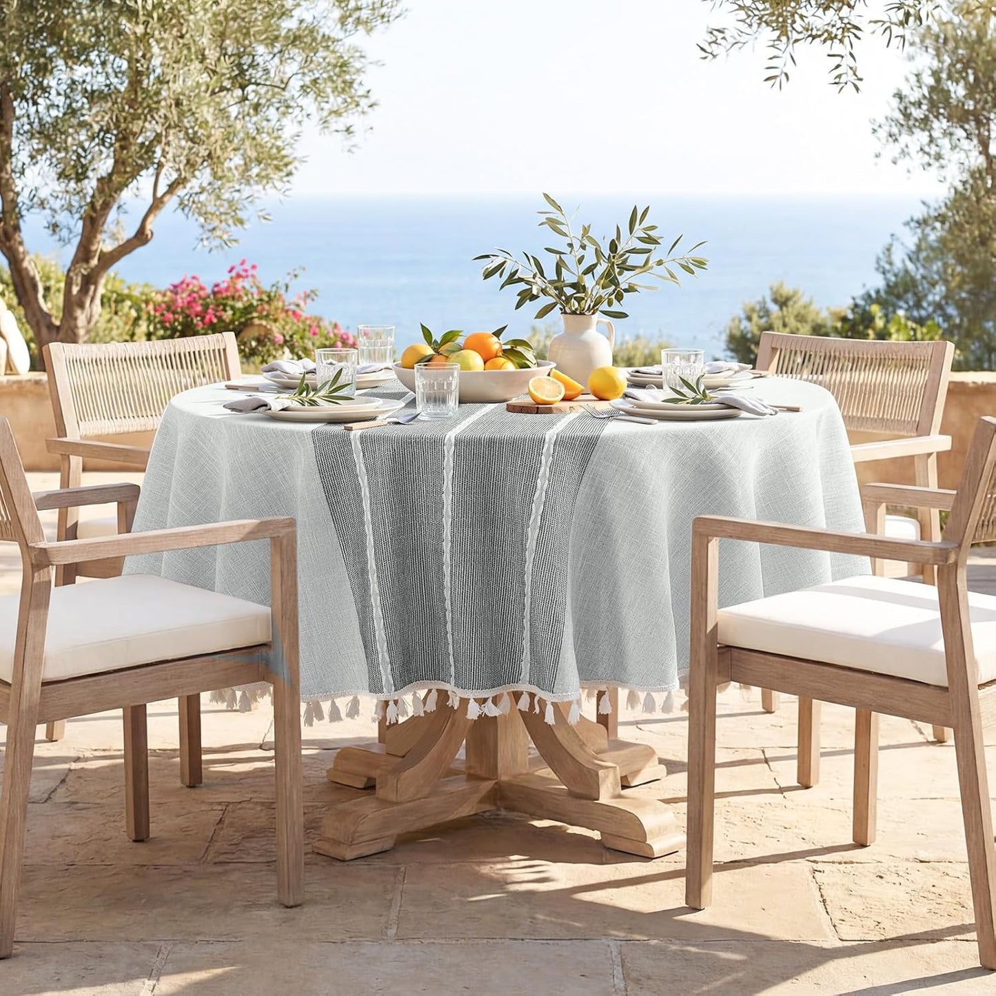 Softalker Outdoor Tablecloth Rectangle, Waterproof Linen Cotton Farmhouse Table Cloths with Tassel, Heavy Weight Wrinkle Free Boho Table Cover for Picnic Camping Dining - 55 x 70 Inch, Coffee Lines