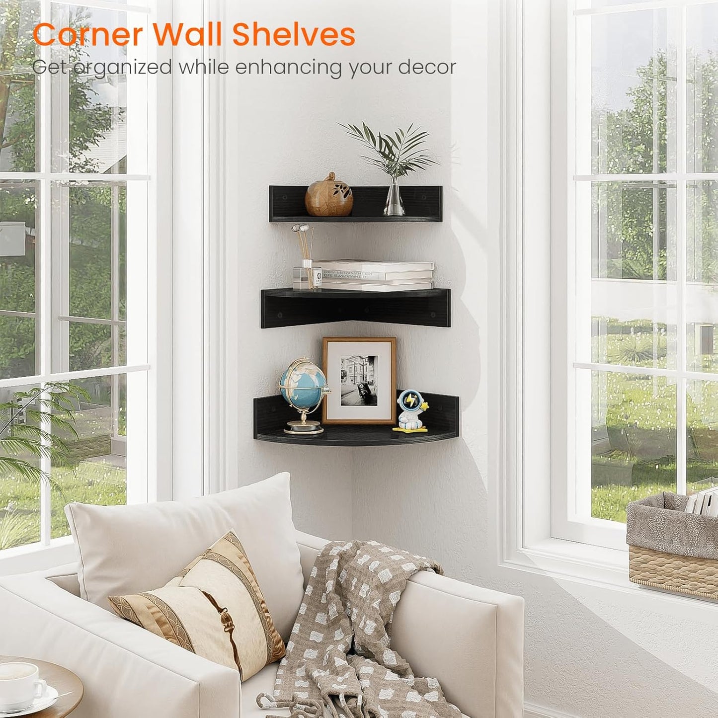 Homode Corner Shelf Wall Mount, Set of 3 Floating Corner Shelves with Cord Hole, 3 Tier Wood Wall Display Shelf, Storage for Bathroom Living Room Kitchen Bedroom, Rustic Brown and Black