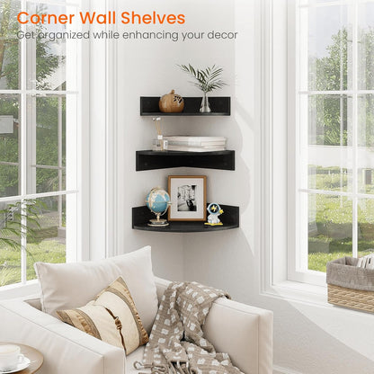 Homode Corner Shelf Wall Mount, Set of 3 Floating Corner Shelves with Cord Hole, 3 Tier Wood Wall Display Shelf, Storage for Bathroom Living Room Kitchen Bedroom, Rustic Brown and Black