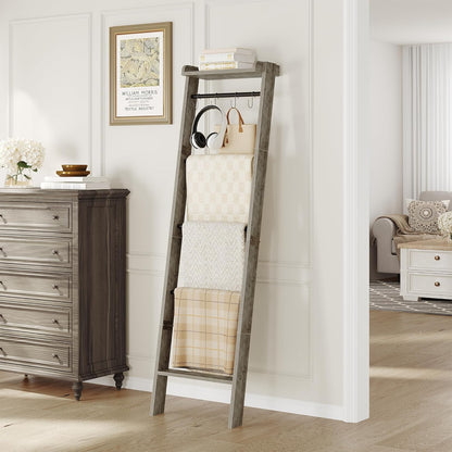 Hzuaneri Blanket Ladder Shelf, Decorative Quilt Rack, 6-Tier Farmhouse Ladder Holder Organizer with 4 Removable Hooks 7.9" D x 17.3" W x 63.4" H, Rustic Brown BR35801B