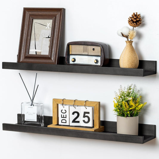 FLYJOE Picture Ledge Shelf, Floating Shelves Set of 2, Solid Pine Wood 55'' Long Large Nursery Book Shelves for Toys Storage, Kids Bookshelf for Living Room Bedroom Decor Books Photo Frames, Walnut