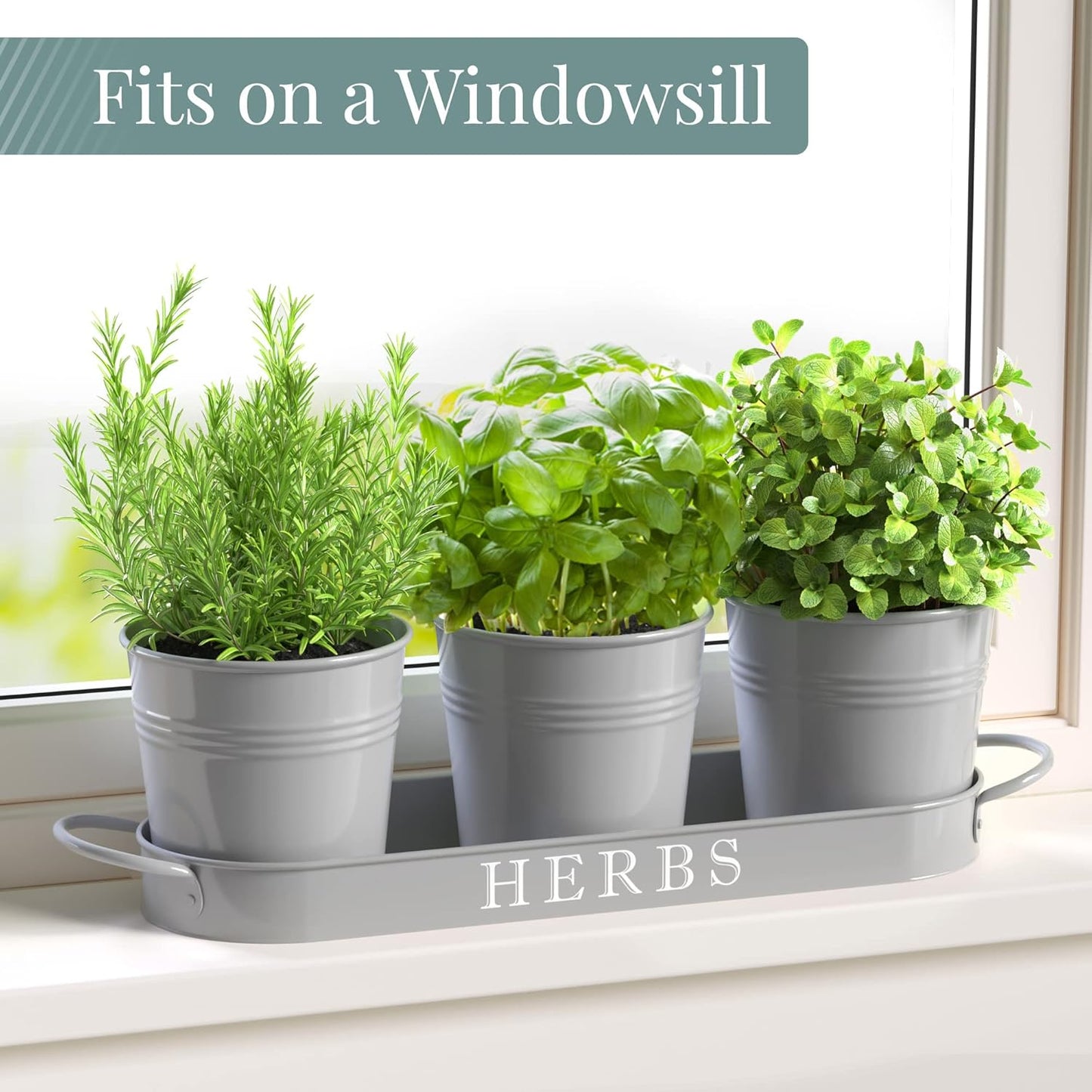 Barnyard Designs Indoor Herb Garden Planter Set with Tray, Metal Windowsill Plant Pots with Drainage for Outdoor or Indoor Plants, Set/3 (White)