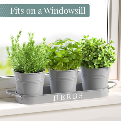 Barnyard Designs Indoor Herb Garden Planter Set with Tray, Metal Windowsill Plant Pots with Drainage for Outdoor or Indoor Plants, Set/3 (White)