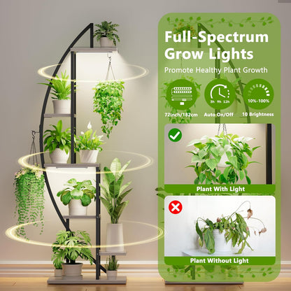 BACEKOLL Plant Stand Indoor with Grow Lights, 6 Tiered Tall Plant Shelf, 63" Metal Plant Stand for Indoor Plants Multiple, Half-Moon Plant Rack Display Shelf, 2 Pcs Plant Holder for Living Room, Patio