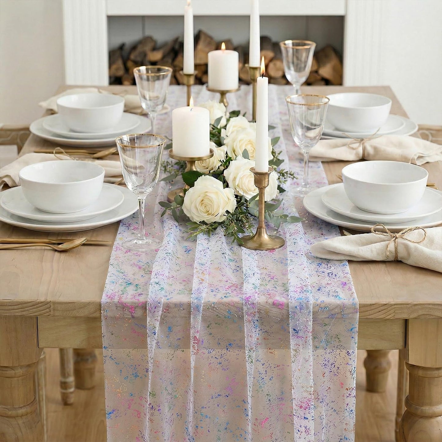 Artoid Mode Beige Gold Gauze Table Runner 120 Inch 10FT, Glitter Metallic Foil Sheer Dining Wedding Anniversary Holiday Birthday Table Decor for Home Party