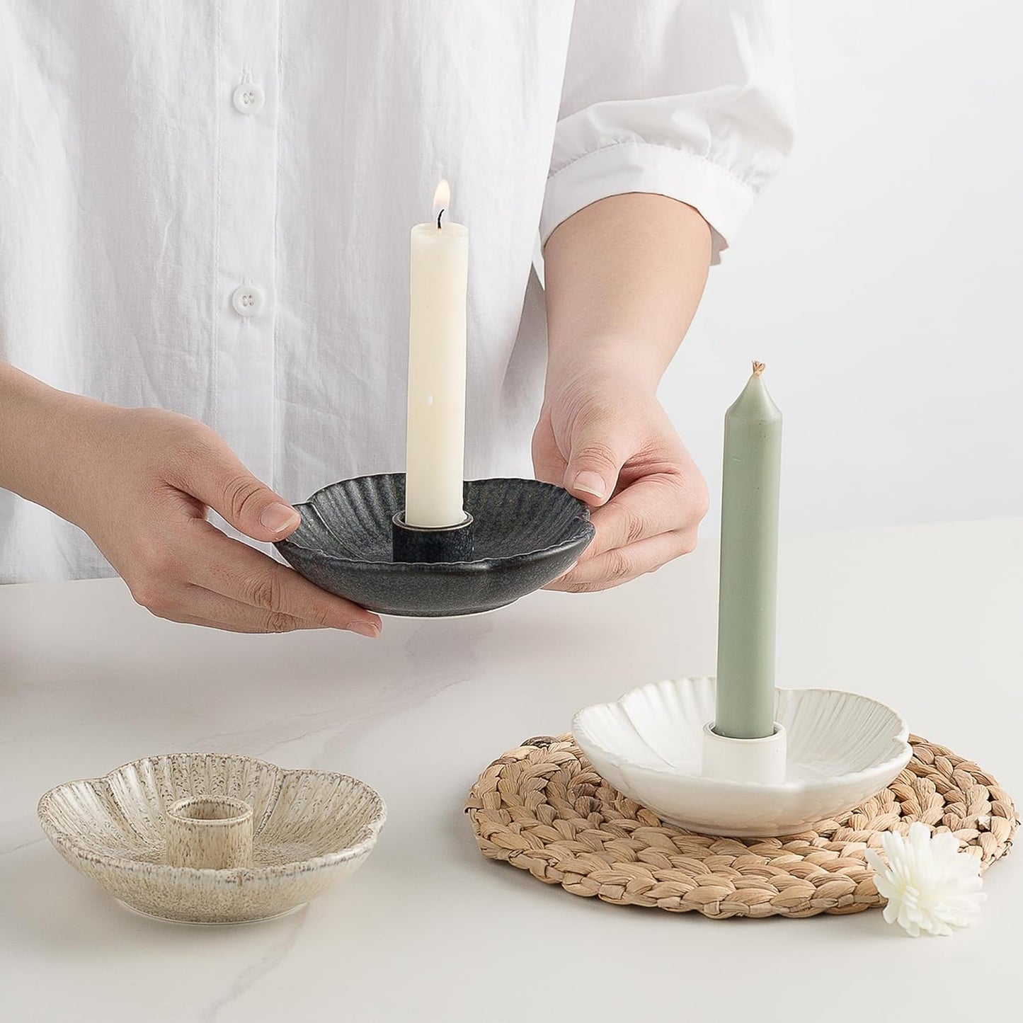 Ceramic Candlestick Holder， Candle Holder for Taper Candles,Incense, Santo Palo, Halloween Christmas Wedding Parties, Dining Room Home Decoration Display - Camel