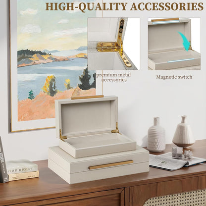 Set of 2 Shagreen Decorative Box, Modern Faux Leather Beige Decorative Storage Boxes with Lids and Metal Handles, Jewelry & Memory Box for Home, Office Decor (Beige+Gold Handles)