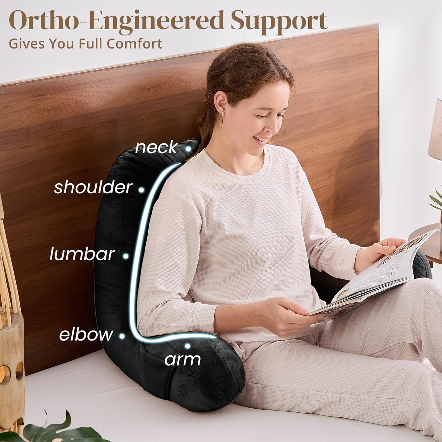 Sasttie Reading Pillows for Sitting in Bed Adult, Back Pillow Bed Sitting Up, Back-Rest Support Cushion for Sit Up on Couch, Sofa, and Floor, Dorm Essentials, Oeko-Tex Certified, Dark Grey