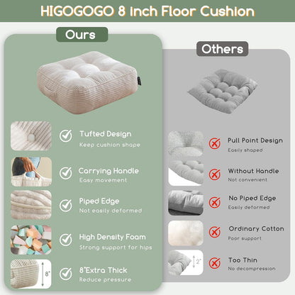 HIGOGOGO 6" Extra Thick Floor Pillow Cushion for Adults, Meditation Cushion Pillow, Large Square Floor Sitting, Tufted Corduroy Cover, for Tatami Living Room or Yoga, 22x22 Inch, 2Pack, Dark Grey