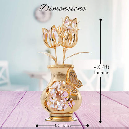 Matashi 24K Gold Plated Crystal Flower Figurine with Clear Crystals & Butterfly – Luxury Decorative Tulip Statue, Elegant Tabletop Home Décor, for Mother's Day, Valentine's Day, Christmas