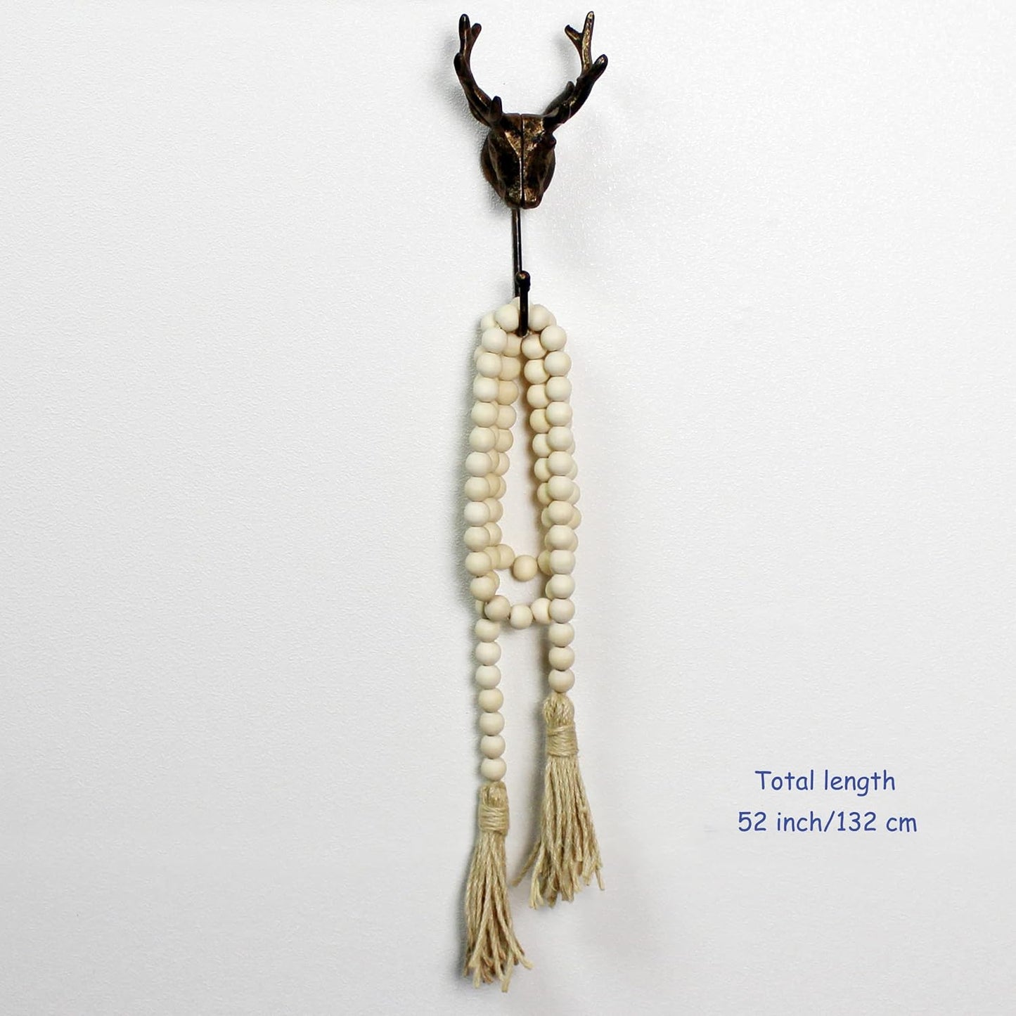 CVHOMEDECO. Wood Beads Garland with Tassels Farmhouse Rustic Wooden Prayer Bead String Wall Hanging Accent for Home Festival Decor. Mix Distressed