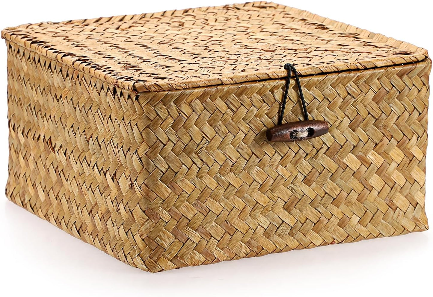 Hipiwe Seagrass Basket with Lid Wicker Storage Basket Square Handwoven Decorative Baskets Box for Shelf Multipurpose Household Baskets Home Decor,X-small